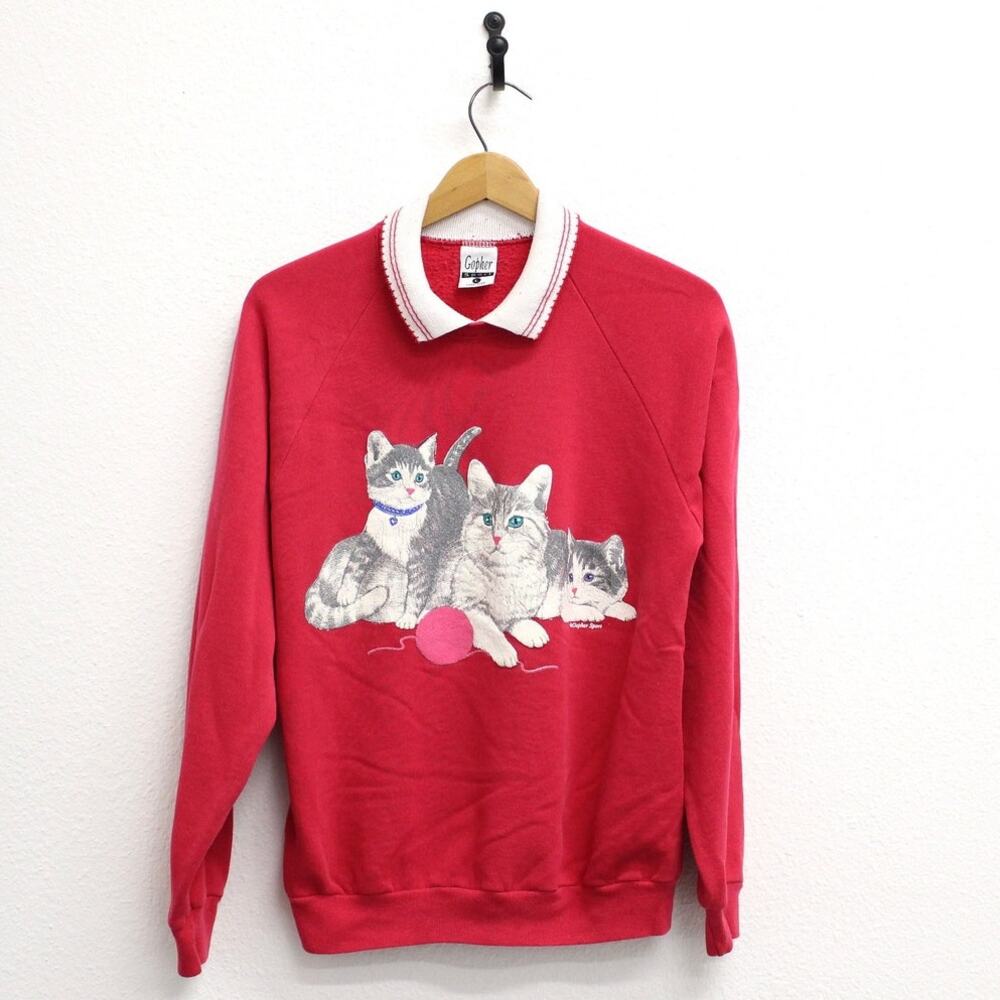 Vintage 90s Kitty Cats Yarn Collared Sweatshirt Women’s Large Pink
